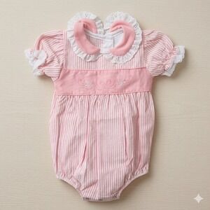 Vintage Alexis 3 Mth Bubble Romper Pink White Stripe Embroidered Lace Collar